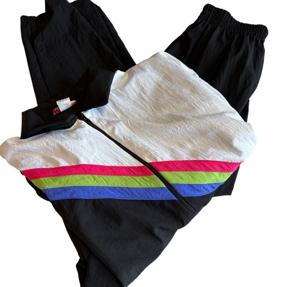 Tops - Vintage USA Sport Club Tracksuit XL Black White New Swishy 80s 90s Windbreaker